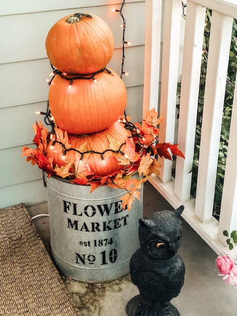 Pumpkin Topiary set in a metal flower bucket- Karins Kottage