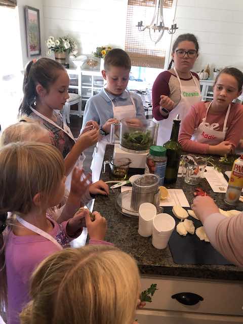 Teaching kids to cook Frankenstein Pesto pasta 
