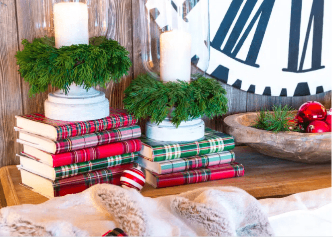 Centerpiece Wednesday LInky party plaid wrapped books