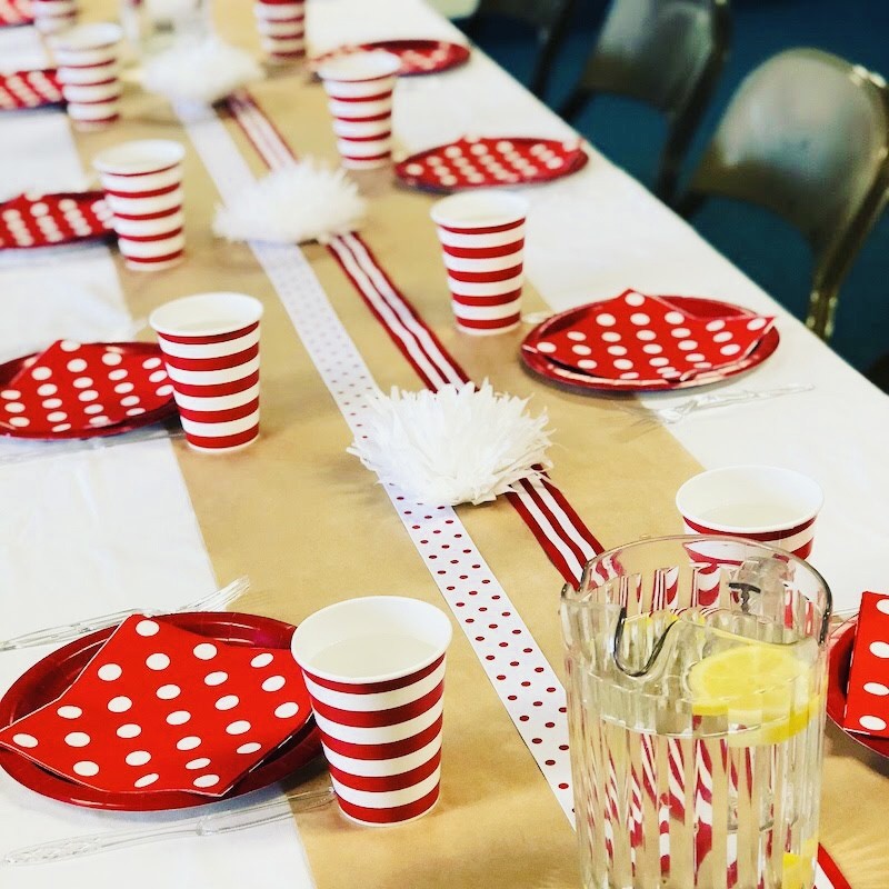 red white polka dots and striped Valentines Tablescape, Galentine party 