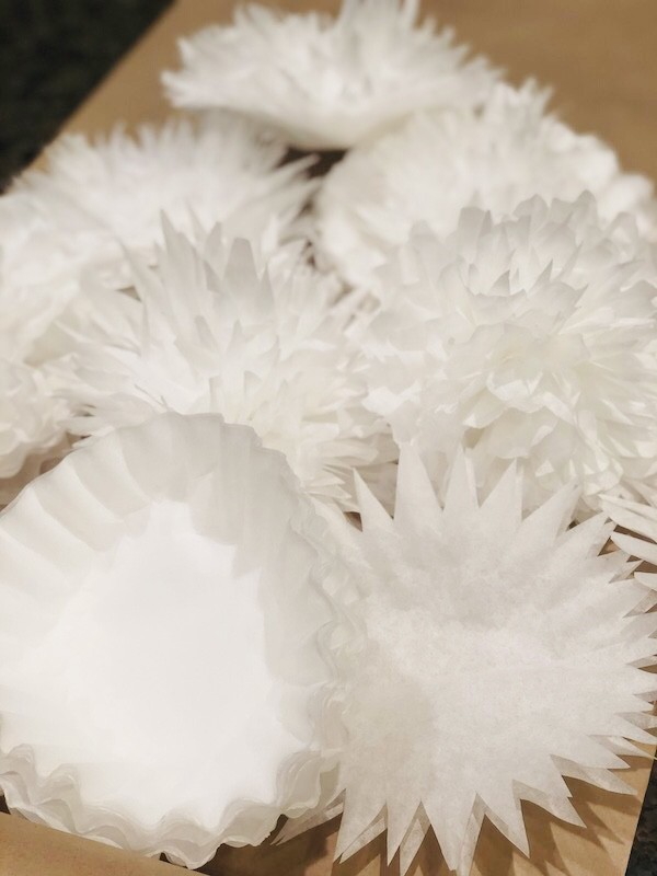 white Coffee filter flowers for valentine table