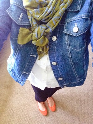 denim jacket with black leggings and orange flats