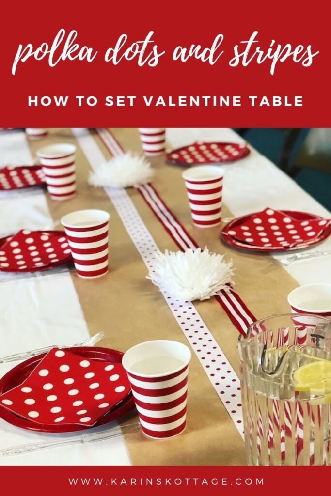 How to set a Valentine Polka dot and stripes table. Cheap easy and fun to do. Perfect for a Galentines party