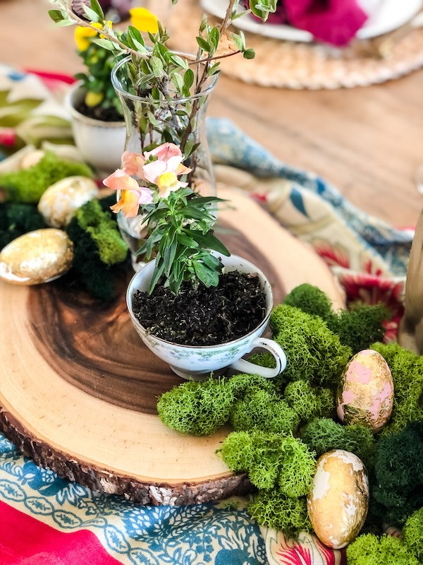 Gold leaf Easter eggs on Colorful Vintage Easter table