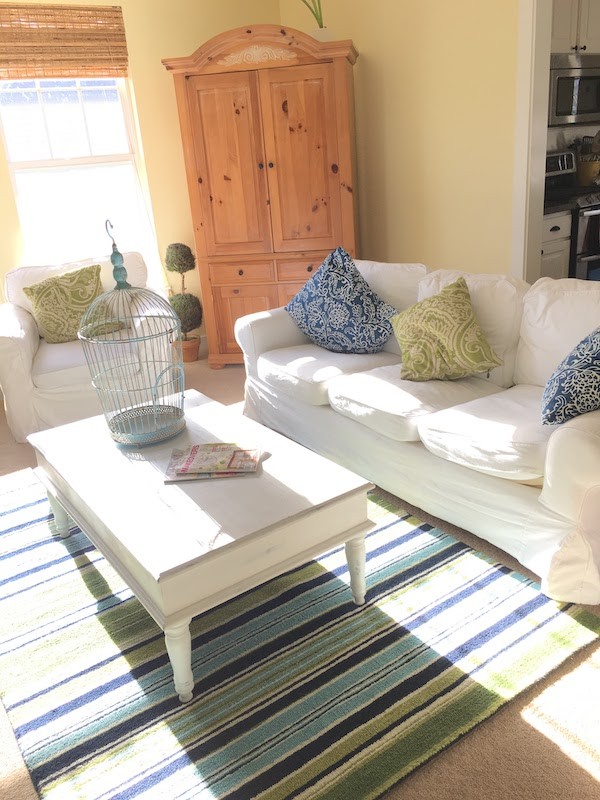 blue and lime green striped rug