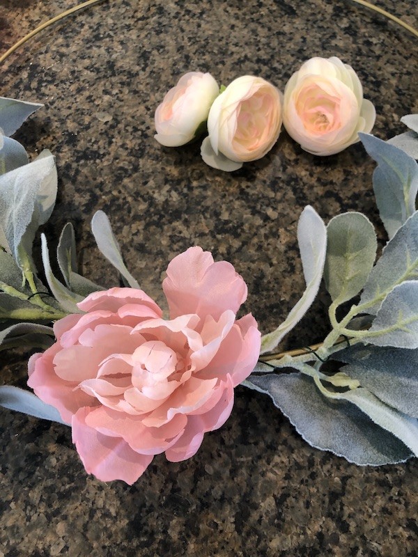 hot glue peony flowers over lambs ear greenery