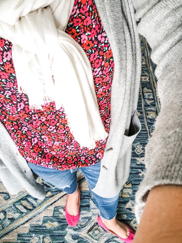 Pink floral top button fly jeans