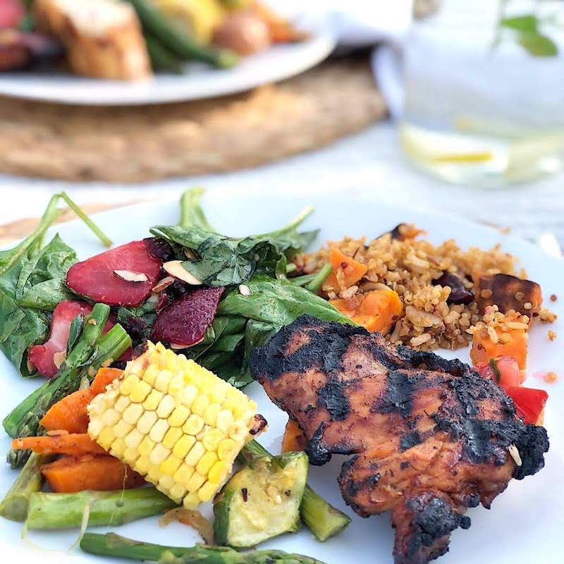 Grilled chicken corn veggies and spinach salad