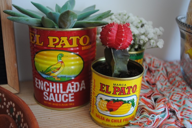 El Pato Enchilada sauce tin cans for vases 