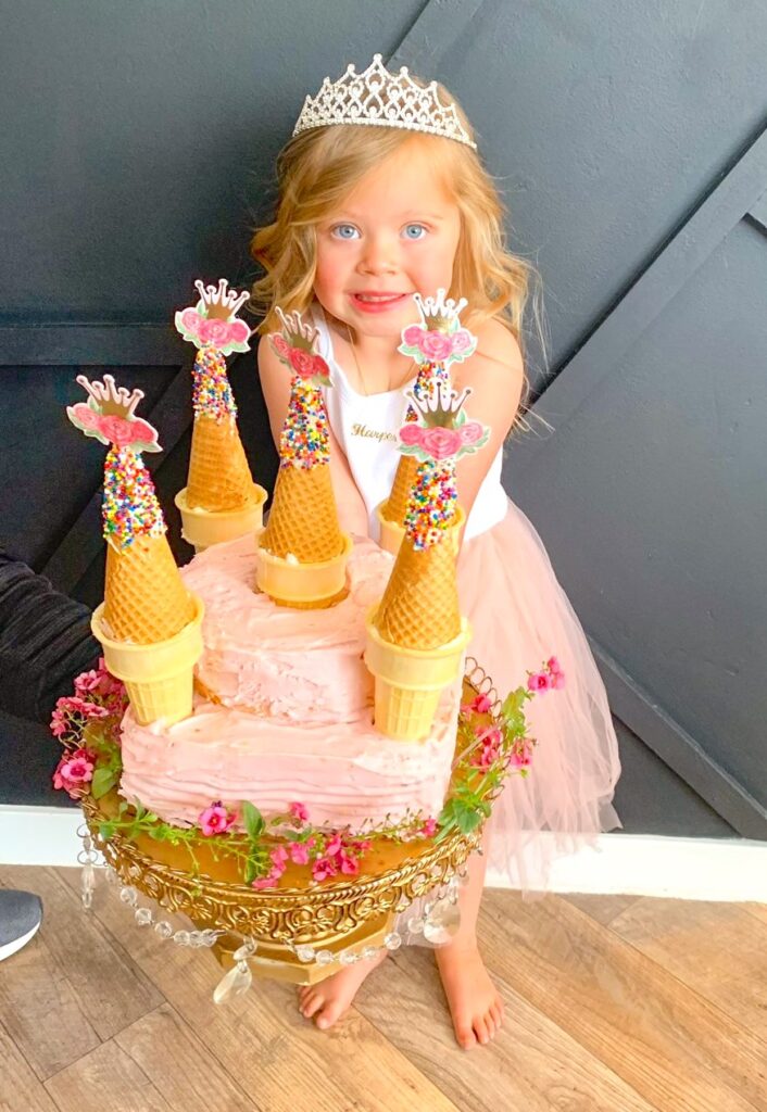 Princess with her pink birthday castle cake