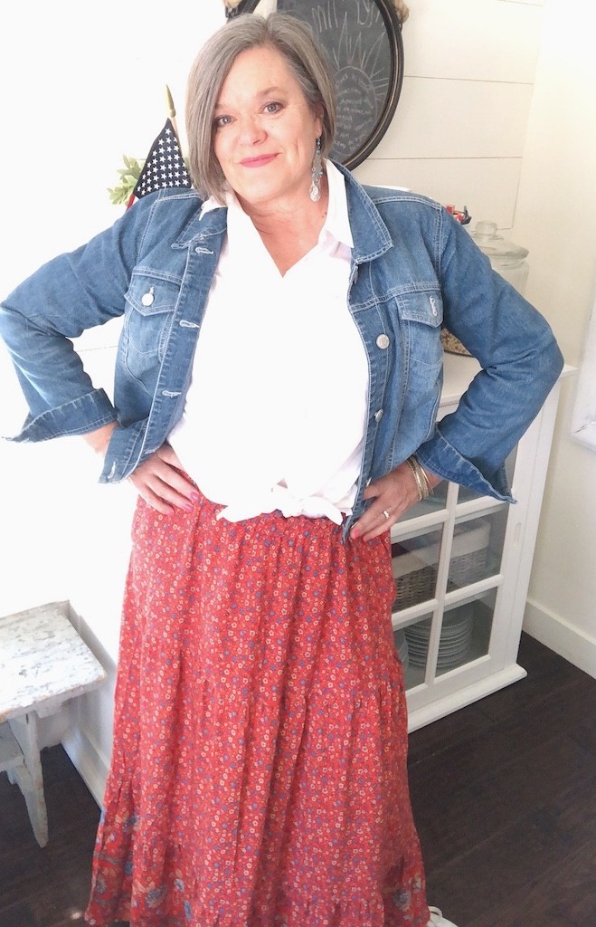 Fashion Friday- How to style long red flowy skirt- Karins Kottage