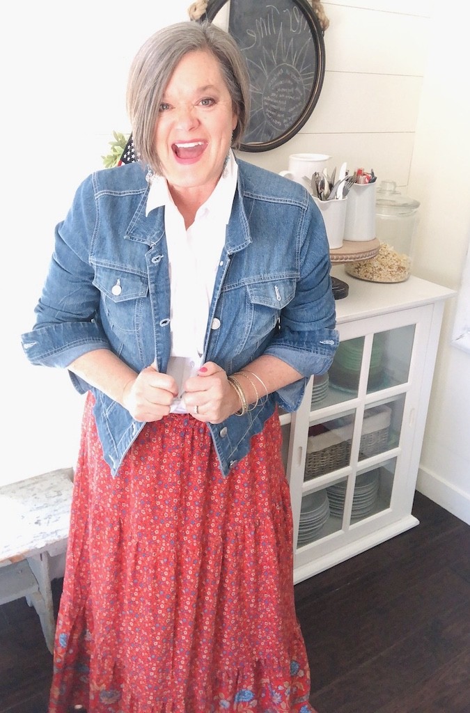 jean jacket with flowy skirt