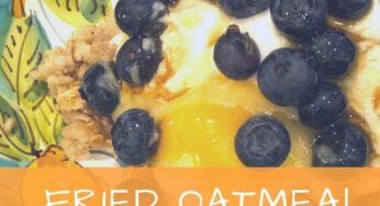 Fried Oatmeal with lemon curd and blueberries