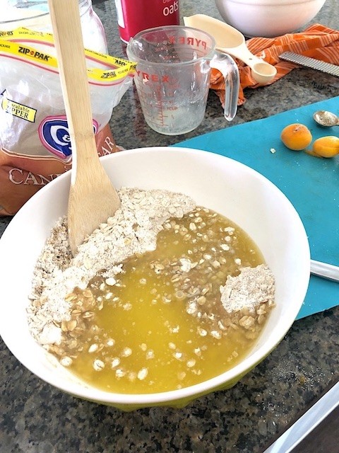 melted butter mixed with flour for apricot summer crisp dessert
