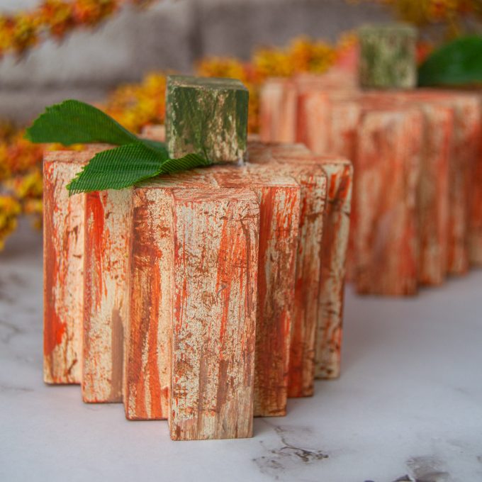 dollar store wooden block pumpkins autumn centerpiece wednesday linky party 