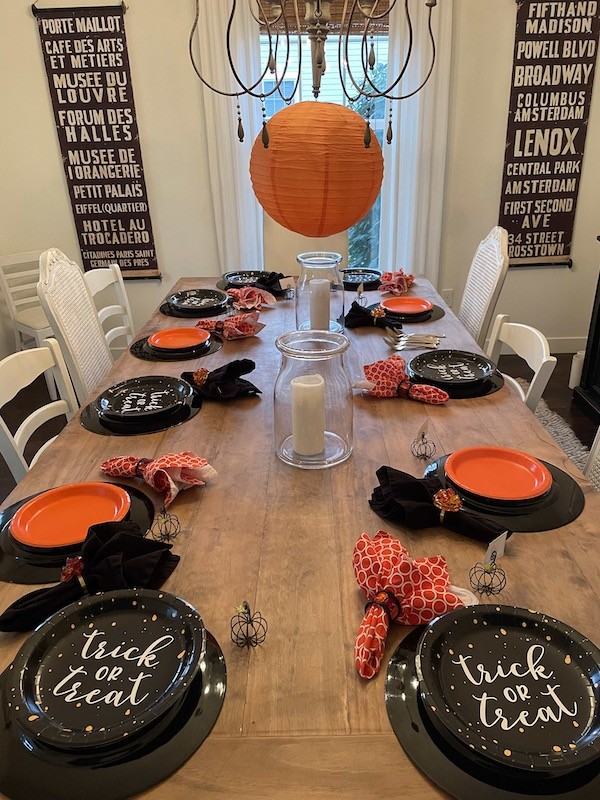 Orange and black Halloween tablescape- Karins Kottage