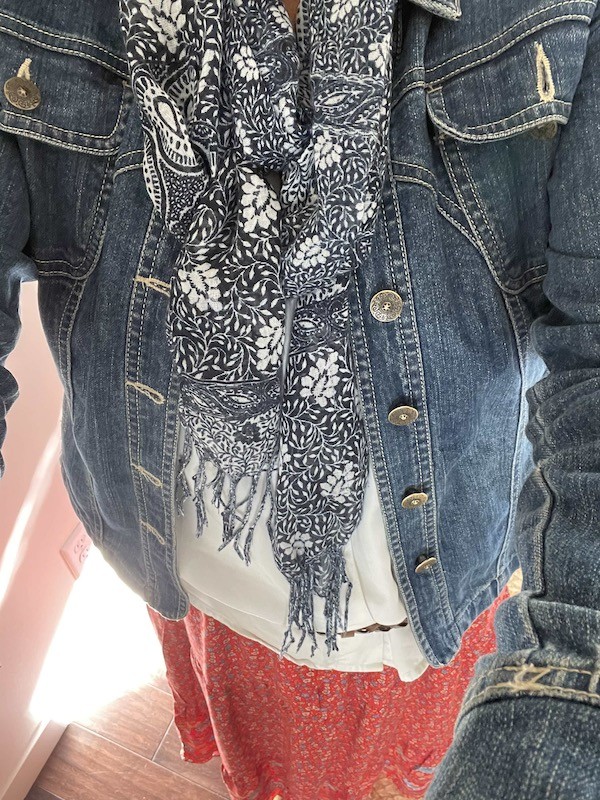Denim jacket with blue and white print scarf over peasant skirt- Karins Kottage