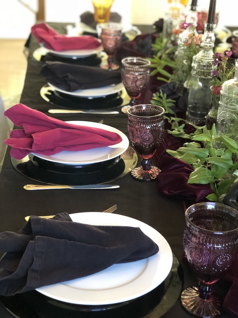Purple and gold goblets for moody Halloween table- Karins Kottage