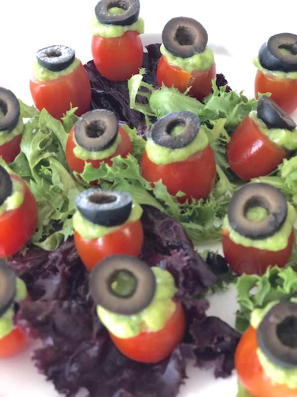 My Favorite Quick Halloween Dinner Recipes- Tomato eyeballs with guacamole Karins Kottage