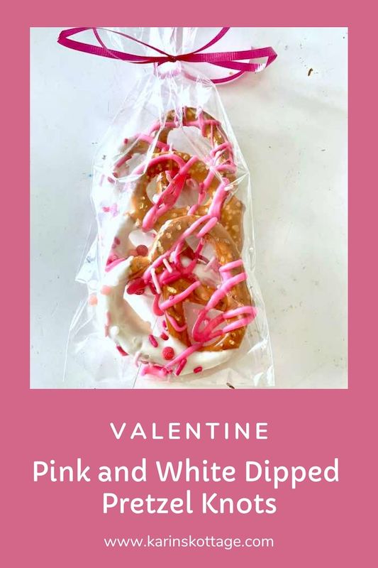 Easy valentine pink and white dipped and drizzled pretzel knots- Karins Kottage