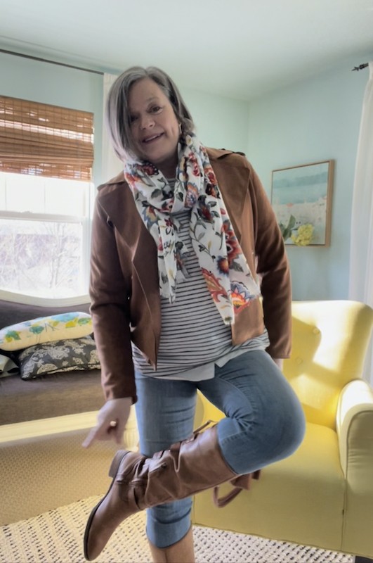 Suede jacket with striped shirt white blouse, scarf and leather boots- Karins Kottage