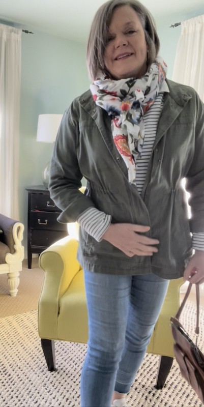 How to style striped shirt 5 ways. Green utility jacket- Karins Kottage