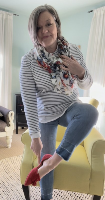 adding scarf to stripes shirt and red flats- Karins kottage