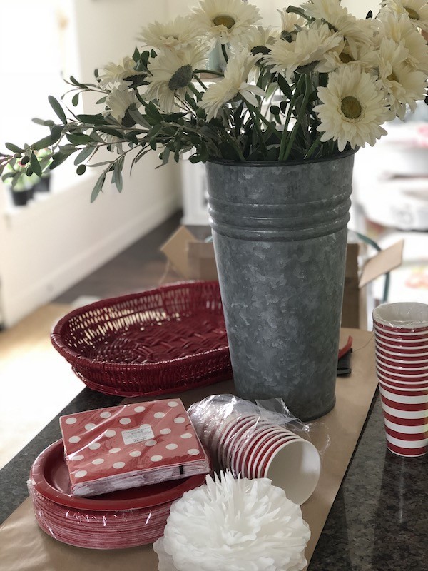 Red and white polka dots and striped Valentine tablescape.- Karins Kottage