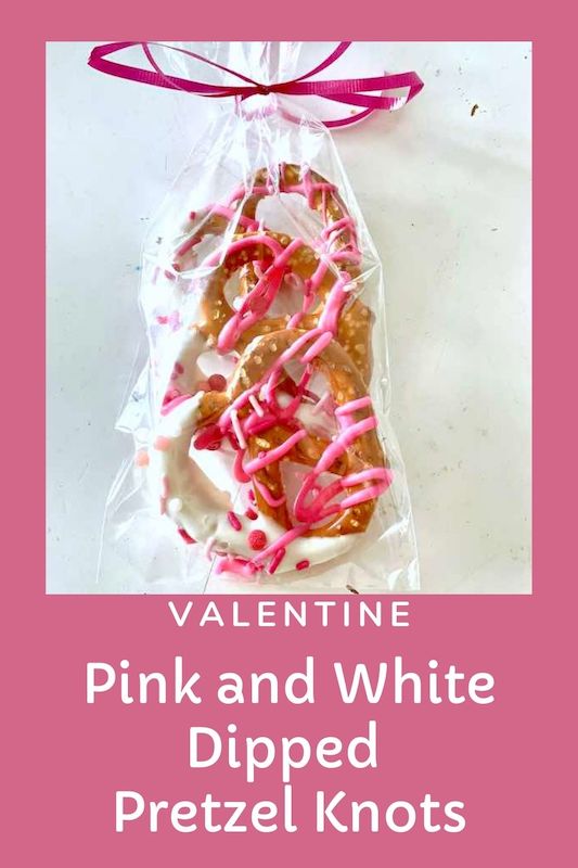 Easy pink and white dipped and drizzled Valentine pretzel knots- Karins Kottage