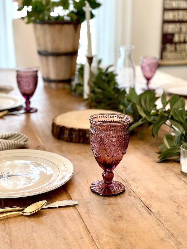 Valentine table decor 
Pioneer Woman's purple glass goblets- Karins Kottage