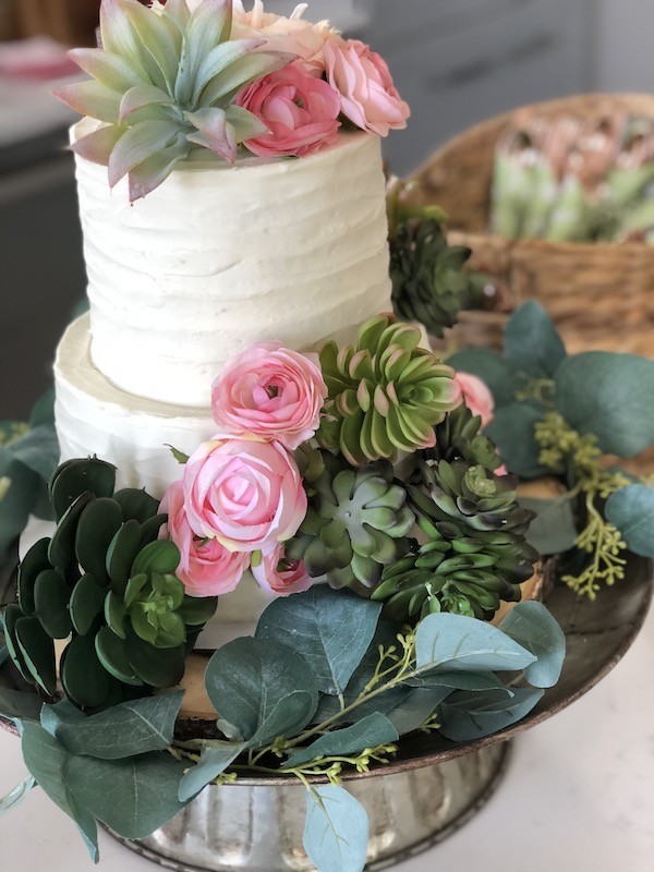 white cake with succulents- Karins Kottage