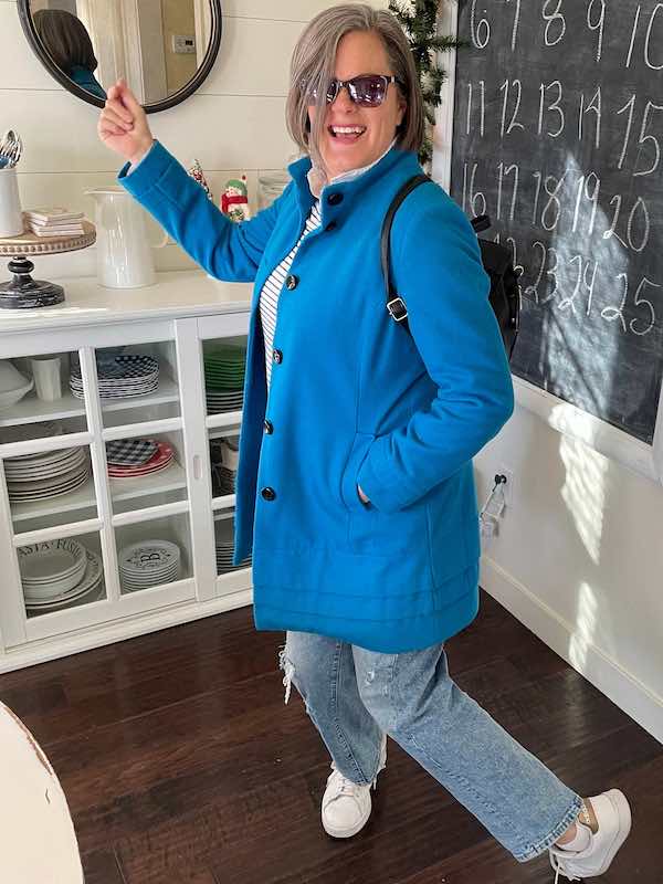 Classic striped sweater and white blouse with straight jeans and adidas- Karins Kottage