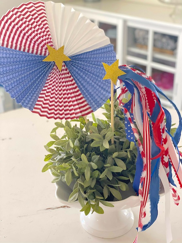 Make a red white and blue patriotic ribbon wand
