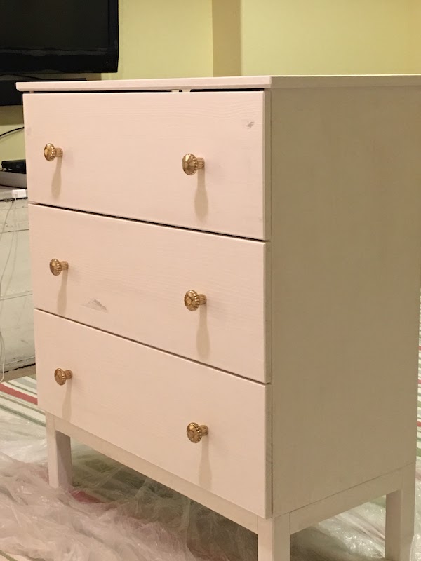 Ikea hack painting dresser white and adding gold knobs- karins kottage