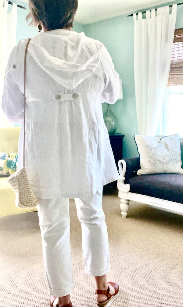 White on white linen jacket outfit- Karins Kottage Back of jacket
