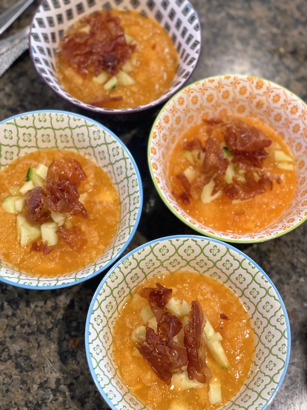 Chilled cantaloupe soup with cucumber and prosciutto