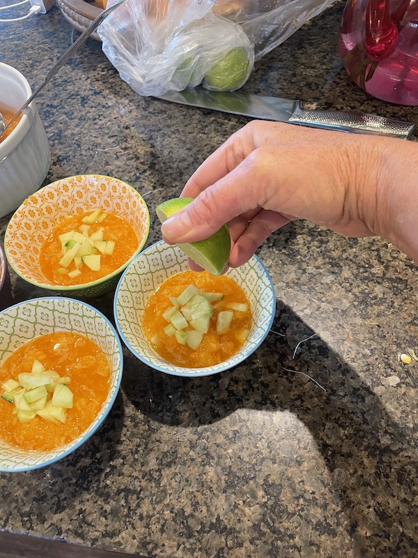 Chilled cantaloupe soup with cucumber and prosciutto