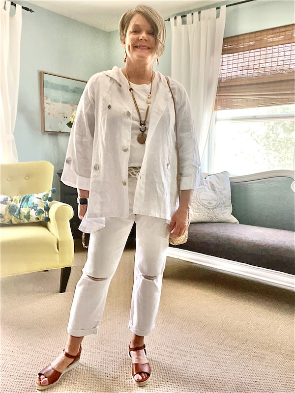 White on white linen jacket outfit- Karins Kottage