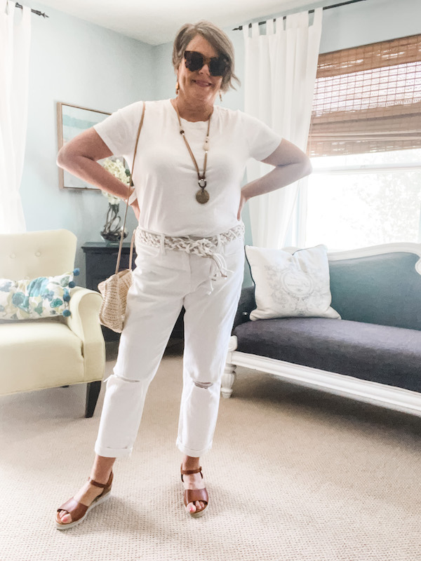 White on White linen jacket outfit
