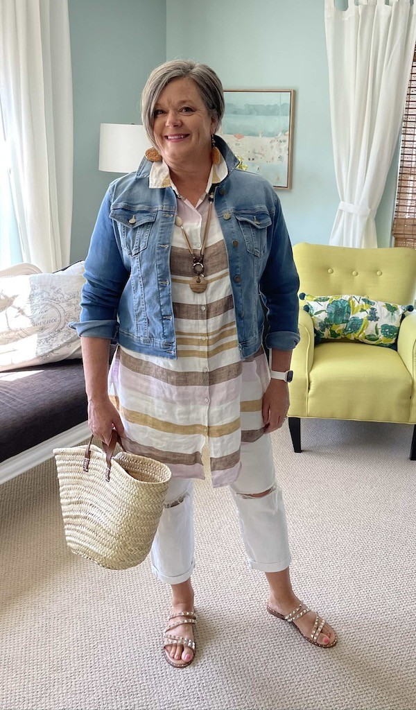 Light and easy traveling outfit- Denim jacket over striped linen tunic