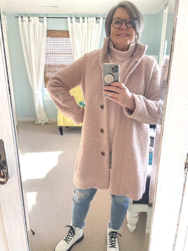 How to style pink turtleneck jeans and white combat boots with pink coat- Karins Kottage