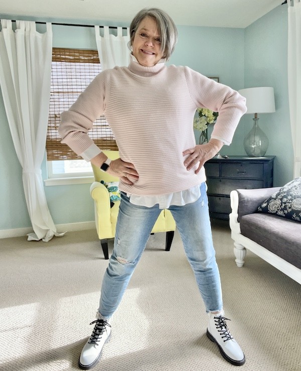 How to style pink turtleneck jeans and white combat boots