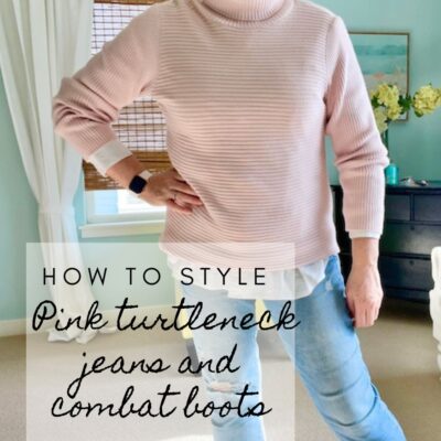 How to style pink turtleneck jeans and white combat boots
