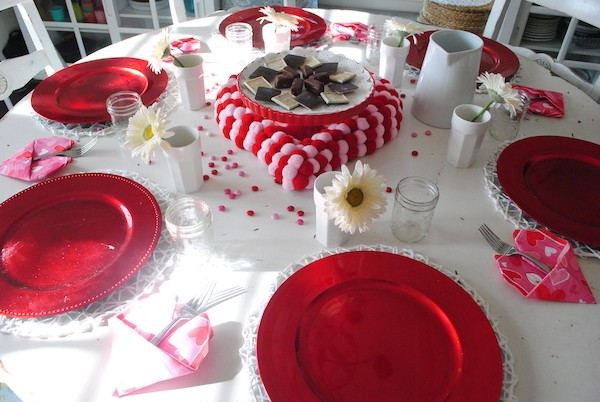 red chargers Pink and Red Valentine's Day table