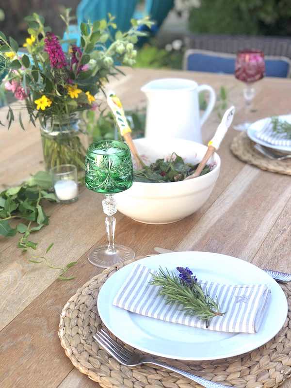 Spring tablescape with colorful goblets 