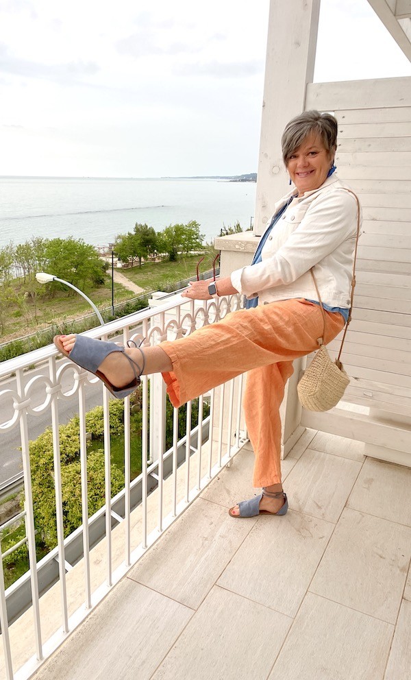 White Jean Jacket Peach wide leg pants 