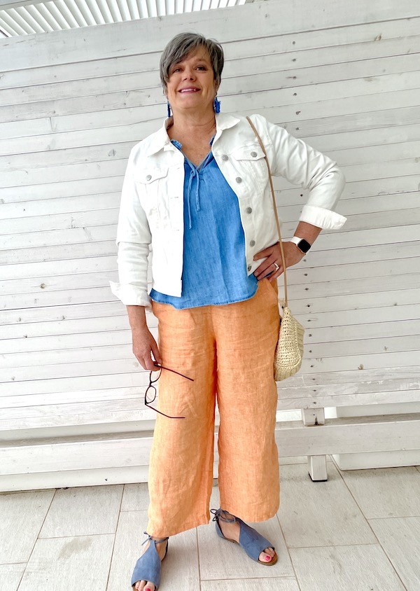 White Jean Jacket Peach wide leg pants - Karins Kottage