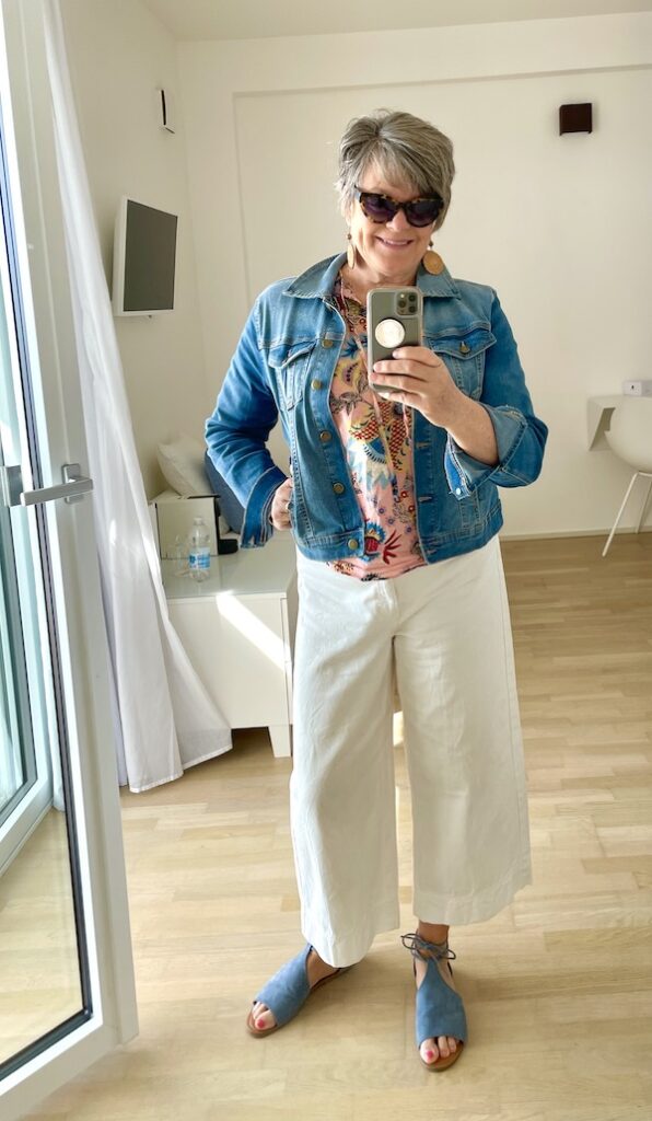 wide leg pants peach top jean jacket accessorize with sun glasses