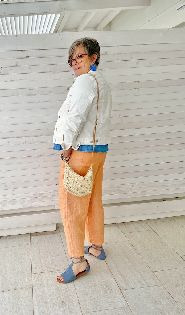 White Jean Jacket Peach wide leg pants 