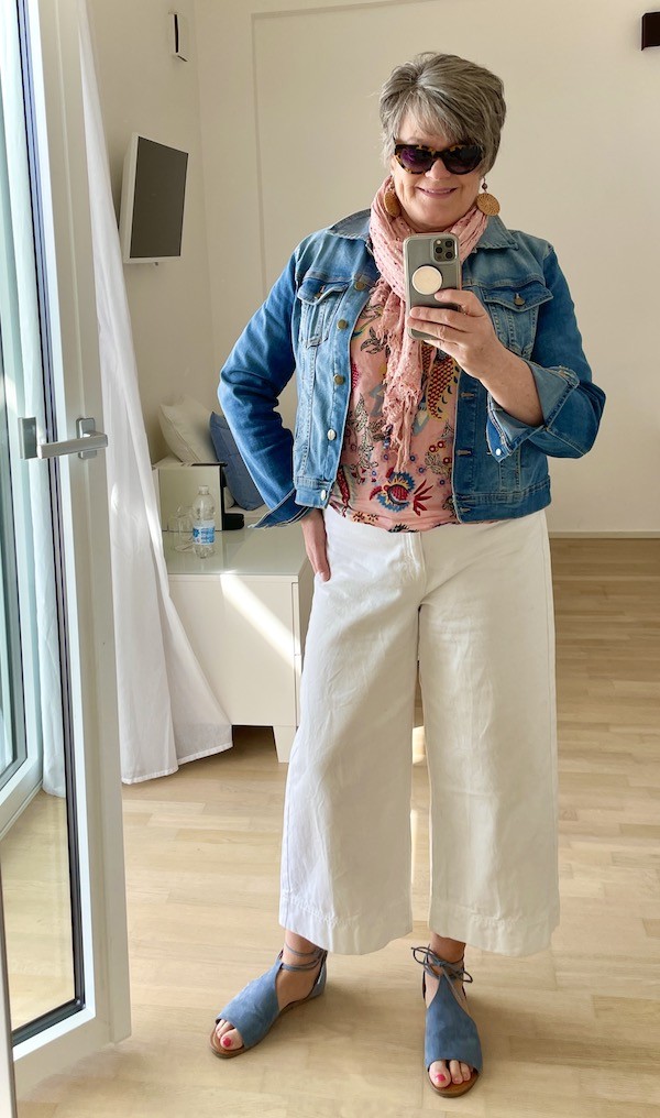 wide leg pants peach top jean jacket